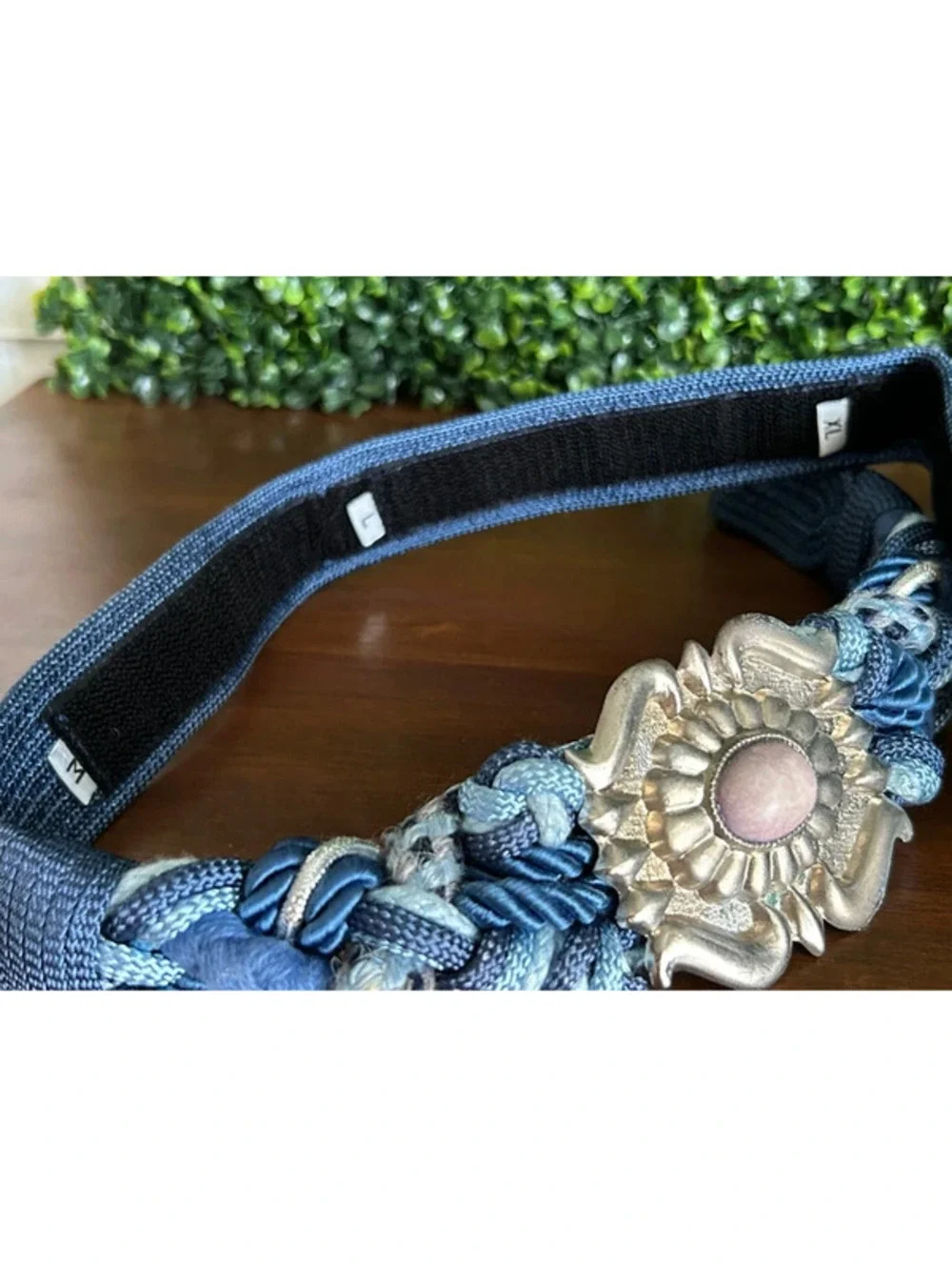 Vintage Blue Braided Belt Silver Floral Buckle Boho 80s Belt
